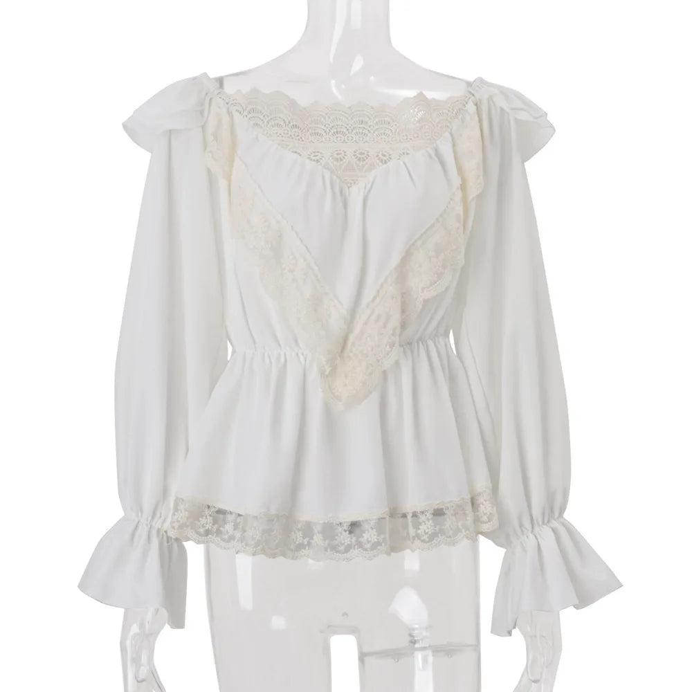 LIZAKOSHT  -  Sexy Off-Shoulder Lace Patchwork T-Shirt Top Women Lantern Sleeve Fashion Casual Solid Female T-shirt Top Streetwear