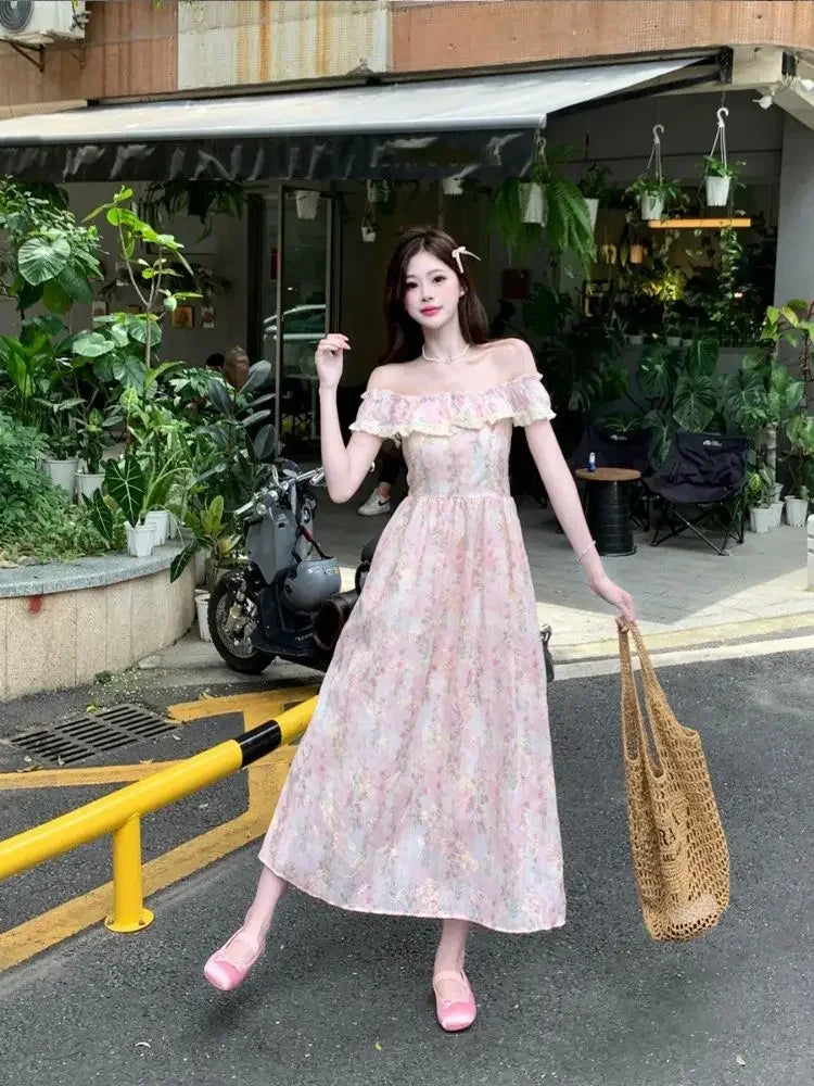 LIZAKOSHT  -  Beautiful Lace Square Neck Small Flying Sleeve Floral Dress with Temperament Waist-hugging and Slimming A-line Long Skirt