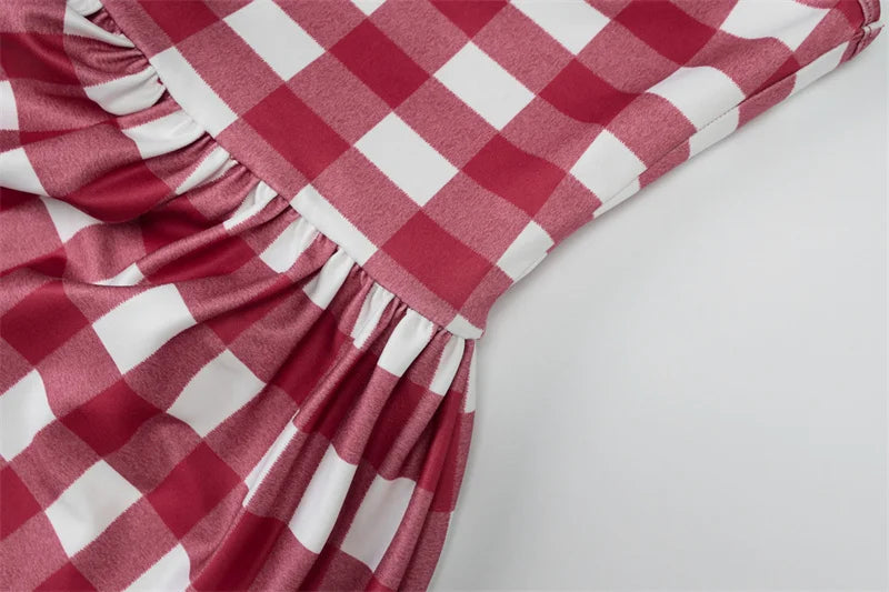 LIZAKOSHT  -  Sexy Halter Plaid Print Mini Dress Off-shoulder Sleeveless Spaghetti Strap Backless High Waist Red A-line Holiday Dress