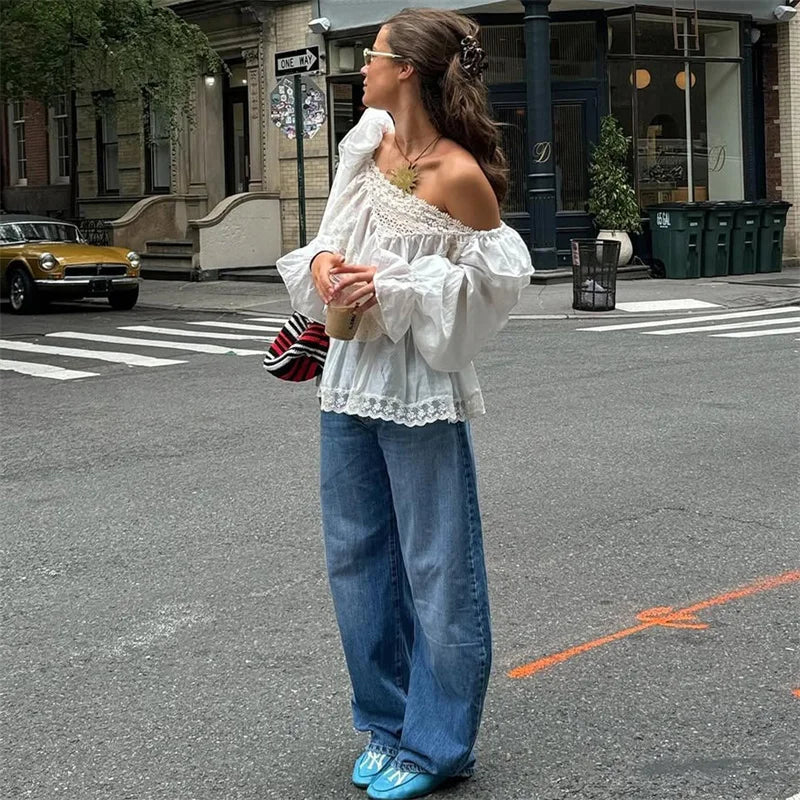 LIZAKOSHT  -  Sexy Off-Shoulder Lace Patchwork T-Shirt Top Women Lantern Sleeve Fashion Casual Solid Female T-shirt Top Streetwear