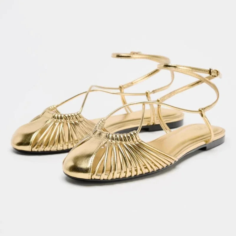 LIZAKOSHT  -  Fashion Flat Roman Sandals Women Narrow Band Comfort Fashion Beach Shoes Women Ankle Buckle Hollow Casual Weave Women Sandals