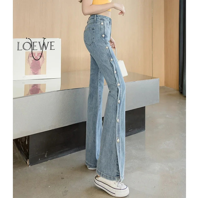 LIZAKOSHT  -  Women Vintage Pocket Long Plus Size Denim Pants Sexy Heavy Industry Wide Leg Summer Thin Side Open Button Jeans Streetwear