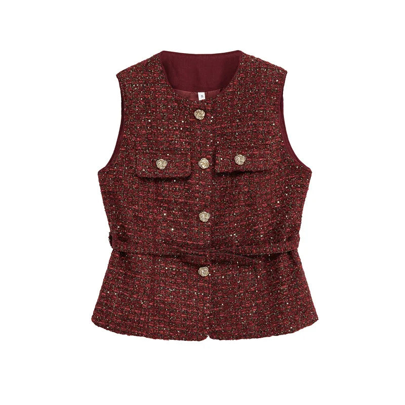 LIZAKOSHT  -  Autumn Belt Sleeveless Vest Shirt Women O Neck Patchwork Gold Button Cardigan Tops 2025 Street Elegant Casual Tank Top