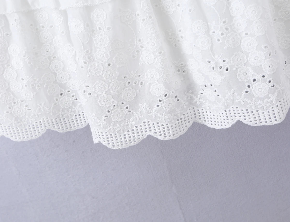 LIZAKOSHT  -  Bohemian White Embroidery Flower Tide Bow Spaghetti Strap Dress Woman Wood ears Ruffles Hem Swing Loose Swing Mini Dresses Robe