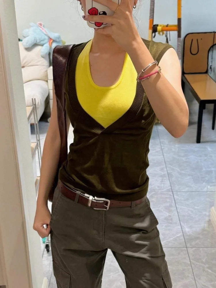 LIZAKOSHT  -  Tank Tops Women Patchwork Bandage Fake Two Piece Halter Slim Stretch Y2k Top Summer Fashion Sexy Camis Ladies Club