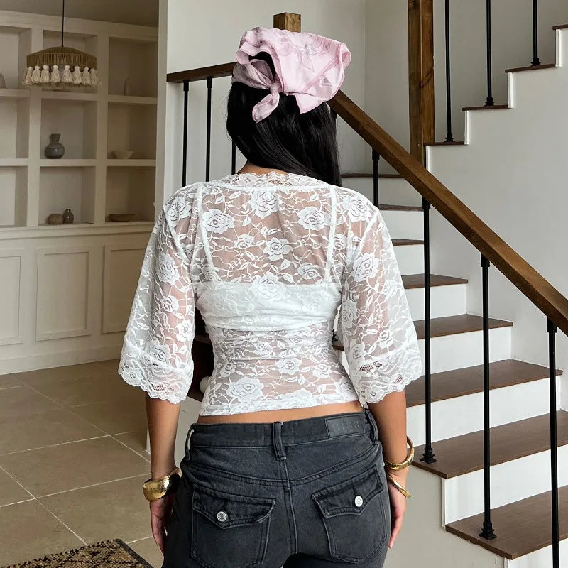LIZAKOSHT  -  New Euramerican Summer Spliced Lace Fake Two Piece Y2k V Neck Half Sleeve See-throught Women Shirts Harajuku Temperament Tops