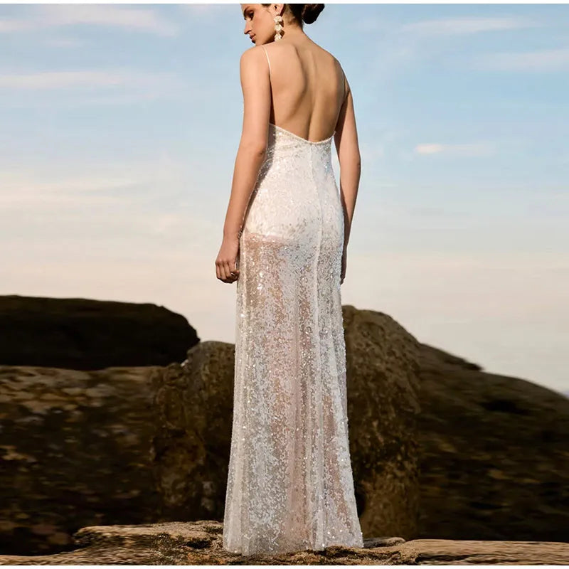 LIZAKOSHT  -  Fashion Solid Sequined Slip Maxi Dress For Women Sexy Sleeveless Backless Floor-length Dress Lady Shinning Evening Vestidos