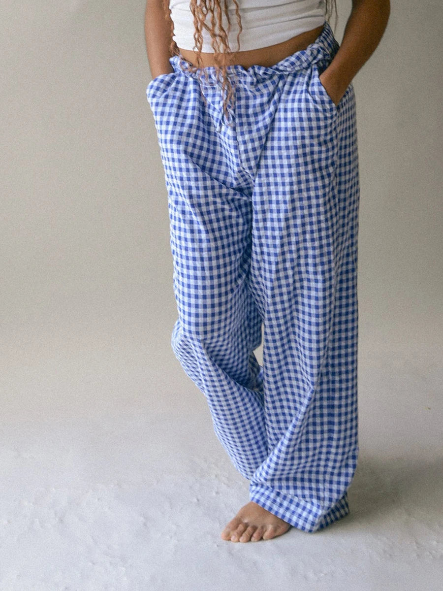 LIZAKOSHT  -  Y2K Vintage Women Girls Striped Plaid Pants Wide Leg Gingham Lounge Pants High Waist Striped Print Pajama Trousers Pants