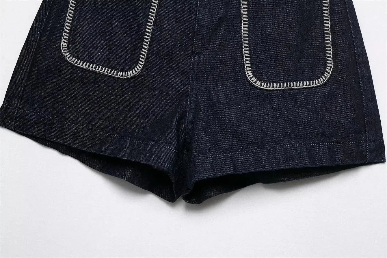 LIZAKOSHT  -  Fashion Denim Shorts For Women Summer 2025 New Casual Black Zipper Pockets Short Pants Chic Bright Line Decoration Mini Shorts