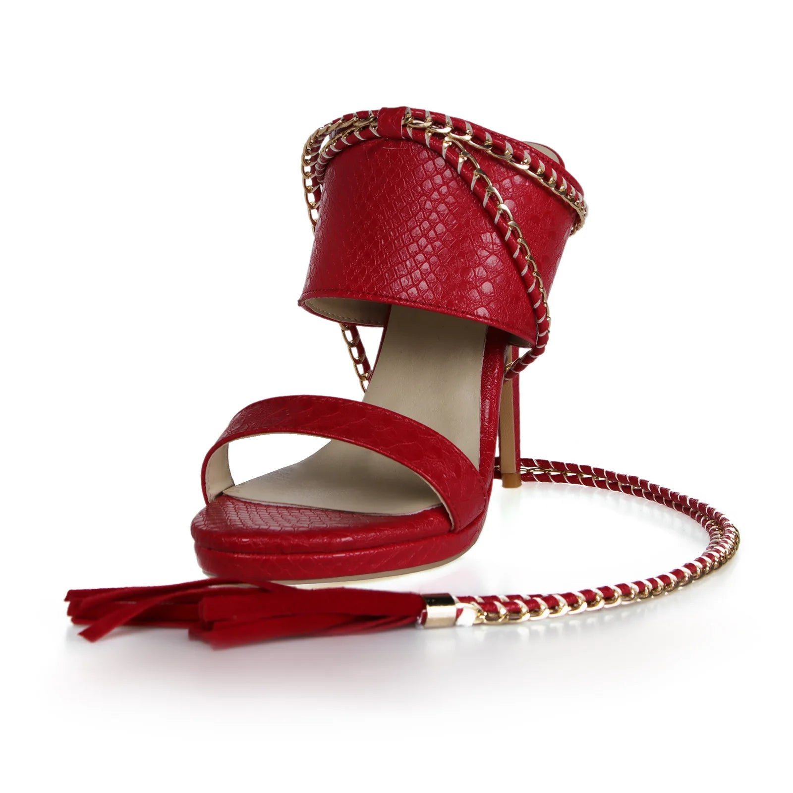 LIZAKOSHT  -  13.5cm Chain Strap Ankle Fine Strap Tassel Back Empty High Fine Heel Sandals Women's Size Platform Sandals Women shoes