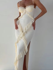 LIZAKOSHT  -  Women Elegant Ruffle Patchwork Sling Maxi Dress Fashion Backless Sleeveless Split Bodycon Dresses 2024 Lady Party Evening Robes