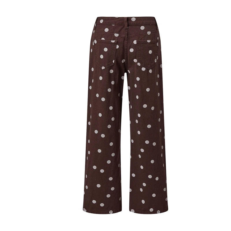 LIZAKOSHT  -  Women Polka Dot Wide Leg Jeans High Waisted Loose Fit Straight Leg Denim Pants Y2K Retro Trousers Preppy Streetwear