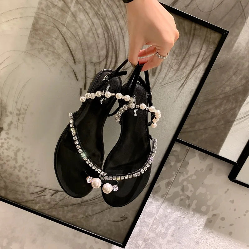 LIZAKOSHT  -  new summer crystal band flat sandals women/girl's clip toe pearl rivets gladiator sandalias mujer jandal summer shoes woman