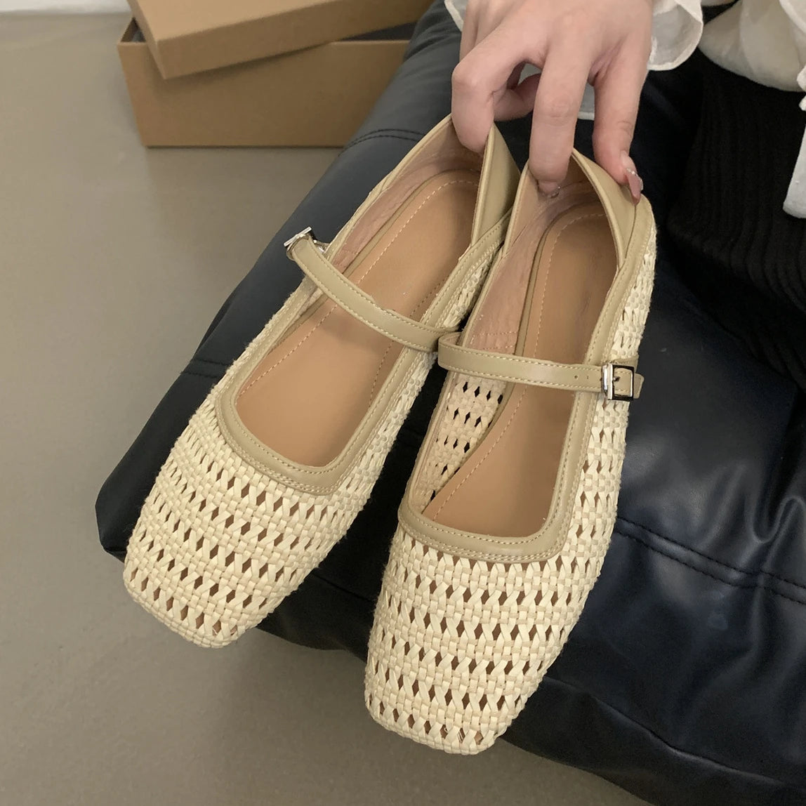 LIZAKOSHT  -  Braided Flat Ballet Shoes Square Toe Mary Jane Shoe Women Comfy Breathable Summer New Casual Retro Skeleton Balleting Shoes