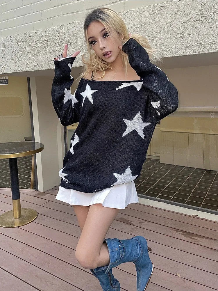 LIZAKOSHT  -  Y2K Black Star Knit Sweaters Women Vintage 90s Off Shoulder Pullovers Jerseys Gothic Egirl Oversize Long Sleeve Jumpers