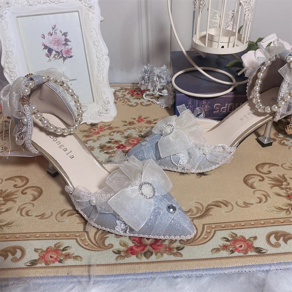 LIZAKOSHT  -  Pearl Chain Sweet Lace Bowknot Elegant Princess  Pointed Sandals Lolita Shoes Silver Wedding Tea Party Cosplay Lolita Shoes