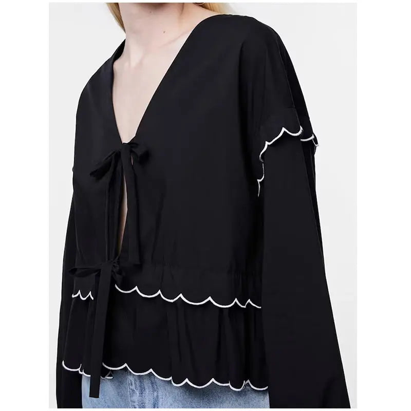 LIZAKOSHT  -  Casual Wave-edged Strap Blouse For Women V-neck Hollow Out Lace Up Ruffled Shirts Female Spring Summer New Chic Lady Tops