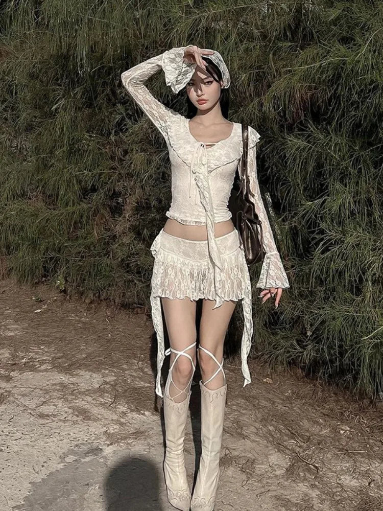 LIZAKOSHT  -  Two Pieces Set Lace Bandage Sexy Streetwear Slim Sweet Crop Tops + Women Y2k Aesthetic Vintage Harajuku Irregular Mini Skirts