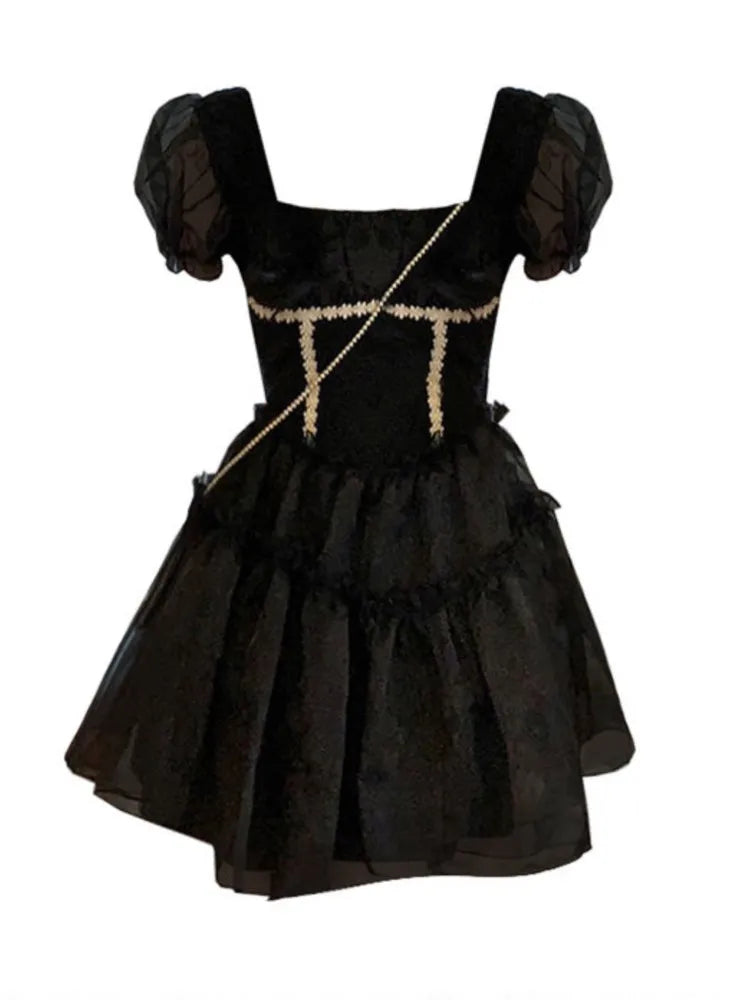 LIZAKOSHT  -  Women Square Collar Patchwork Mesh Dress Puff Sleeve Plain High Waist Pullover Mini Dresses Female Summerblack party dress