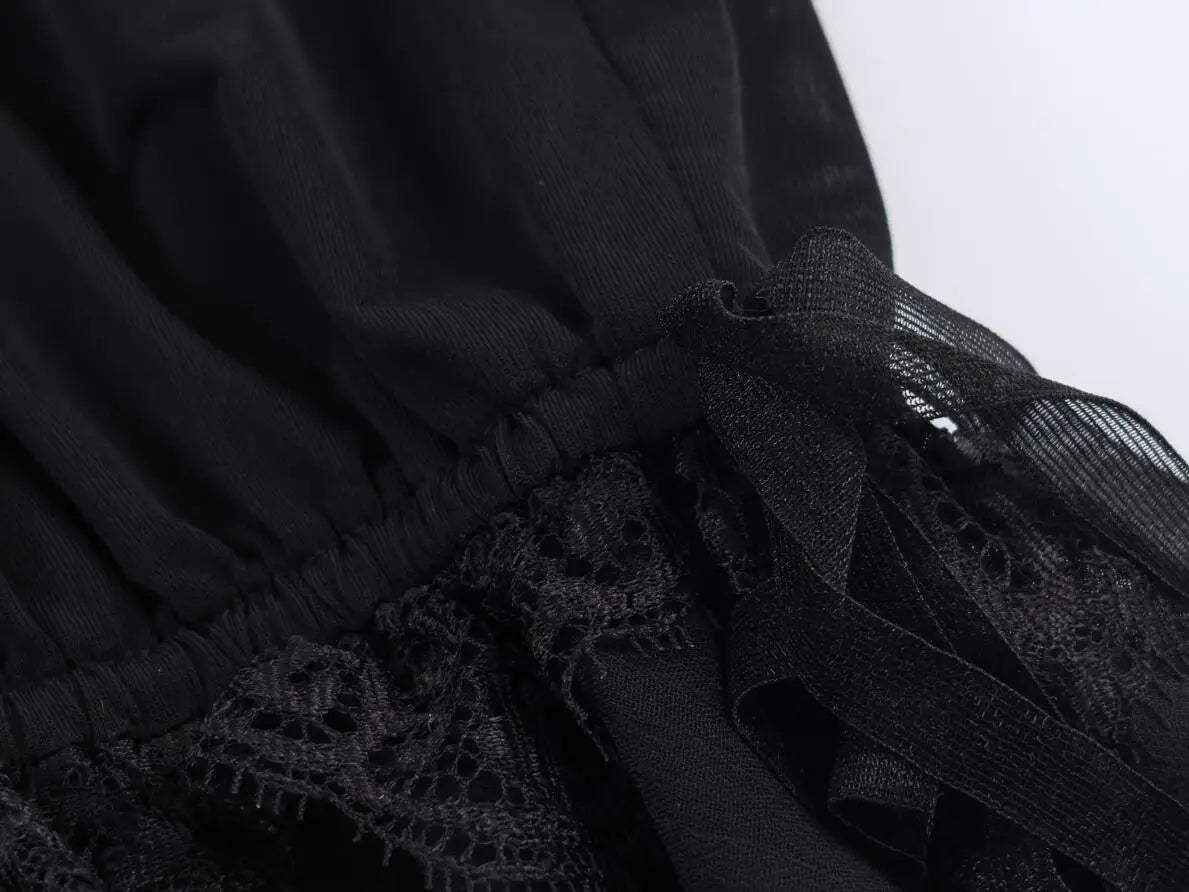 LIZAKOSHT  -  Spring Summer Black Chiffon Lantern Pants Women Spliced Lace Elastic Waist Ruffles Cuff Long Loose Trousers Full Length Bottom