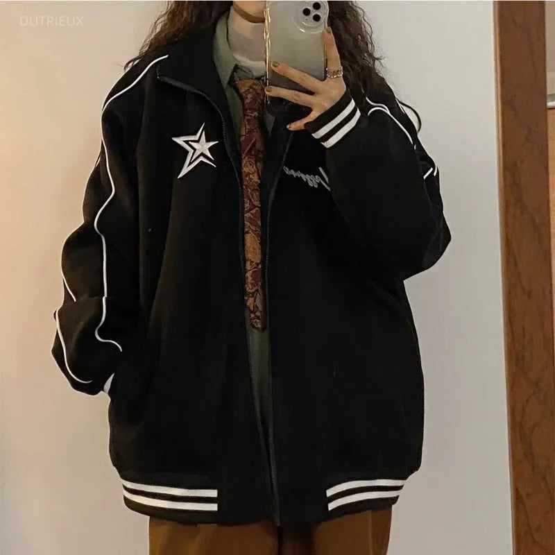 LIZAKOSHT  -  Jackets For Women Star Letter Embroidery Stand Neck Thick Warm Chaqueta Retro Harajuku Street Fashion Veste Femme