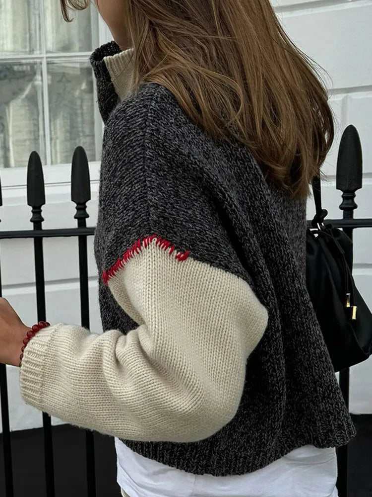 LIZAKOSHT  -  Chic Patchwork Color Contrasting Knitted Cardigan Women Casual O Neck Full Sleeve Short Sweater Autumn New Female Fashion Top ﻿