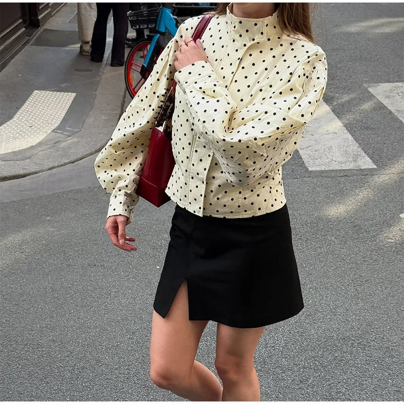 LIZAKOSHT  -  Polka Dot Lantern Sleeve Jackets Women High Collar Oversized Cropped Coats 2025 Lady Casual New Chic Commute Street Outerwear