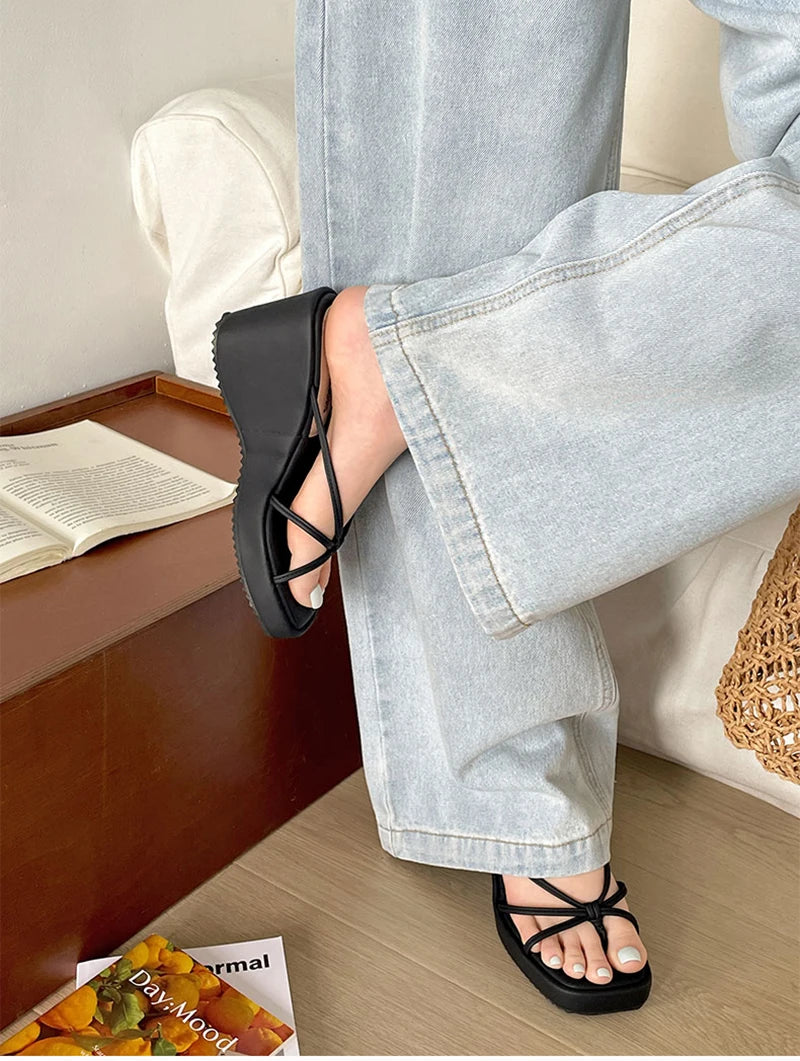 LIZAKOSHT  -  Designer Summer Women Wedges Heel Clip Toe Slippers Concise Narrow Band Slide Ladies Outdoor Party Dress Sandalias