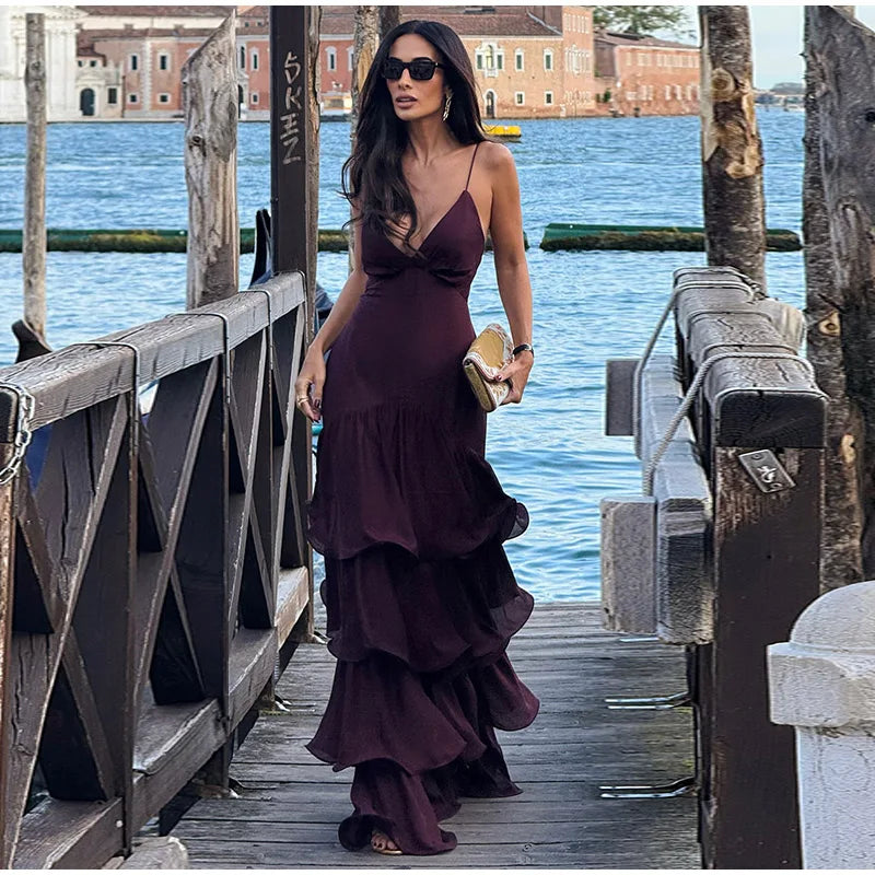 LIZAKOSHT  -  Sexy Solid Ruffles Sling Dress Women Sleeveless Backless Empire V-neck Long Party Dresses Female Spring Chic Lady A-line Robes