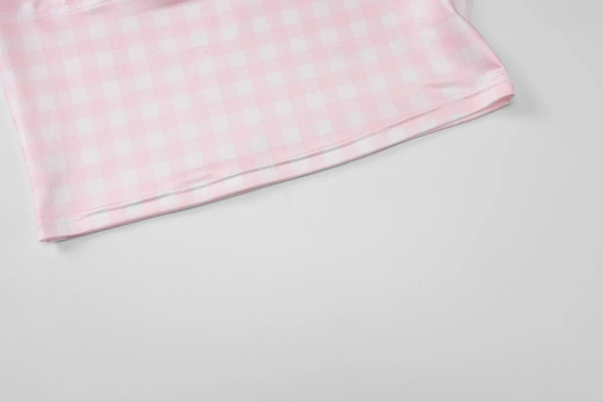 LIZAKOSHT  -  Girls Summer Deep V-neck Plaid Camisoles Y2K Woman Clothing Sexy Sleeveless Backless Crop Tops Pink Corset Streetwear