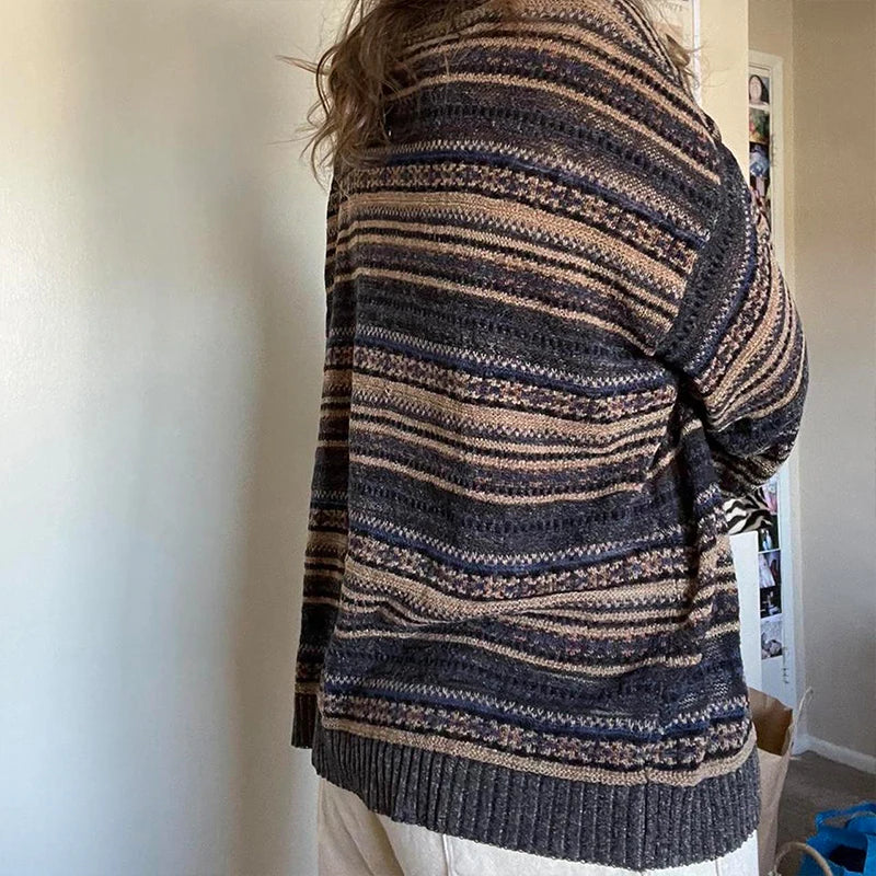 LIZAKOSHT  -  00s Cottage Grunge Striped Knitted Sweater Autumn O Neck Long Sleeve Knitwears Preppy Style Vintage Y2K Baggy Pullovers Women