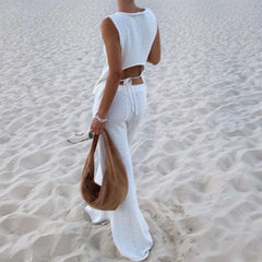 LIZAKOSHT  -  Casual Sleeveless Hollow Backless Tie-up Sets Elegant Slant Neck Tops & Long Pant Suits Women Fashion Knitted Solid 2Pc Outfits