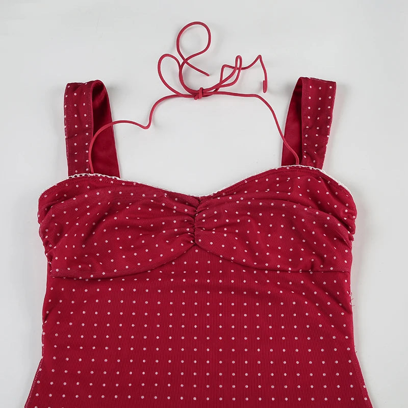 LIZAKOSHT  -  Romantic Polka Dot Red Women Short Dress Square Collar Halter Sleevelss A-line Dresses Summer Vacation Style Outfits