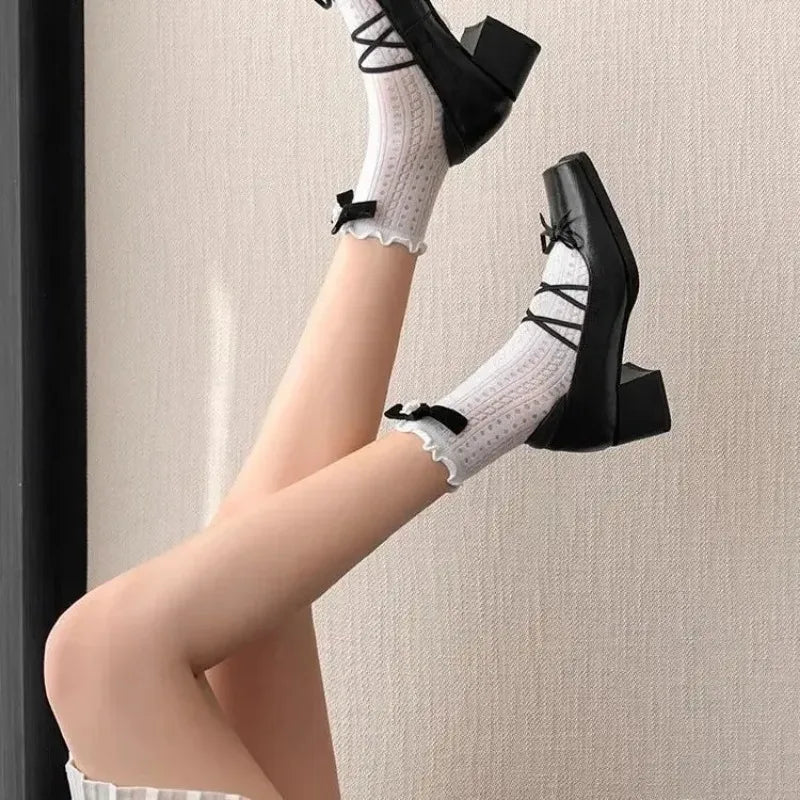 LIZAKOSHT  -  Mary Jane Flat Heels Retro Style Women's Shoes Spring Autumn Sweet Cool Butterfly Knot High Heels Comfortable Rubber