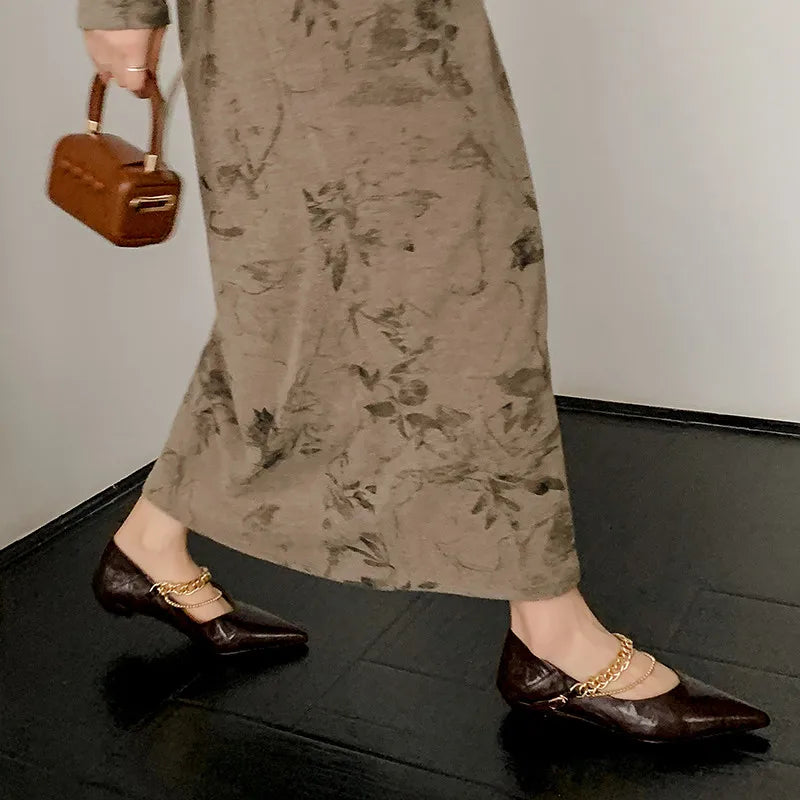 LIZAKOSHT  -  Fashion Pumps New High Quality Genuine Leather Chain Pointed Shallow Mouth Low Heel Women's Shoes Modern Commuter Shoes