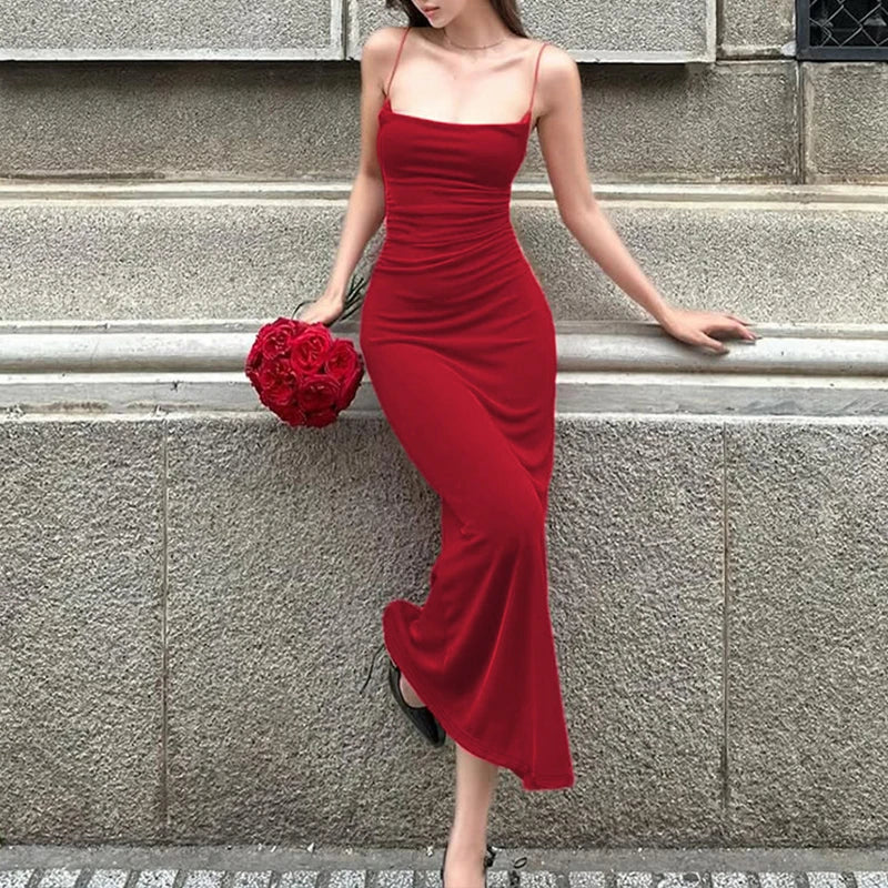 LIZAKOSHT  -  Base Style Casual Sexy Cross Sling Open Back Sleeveless Bodycon Solid Color Long Dress Dating Party Summer Outfit For Women