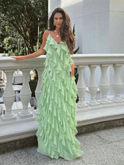 LIZAKOSHT  -  Fashion Green Women Sling Maxi Dress Elegant V-neck Sleeveless Slim Dresses 2024 Summer Female Chic Beach Vacation Robes