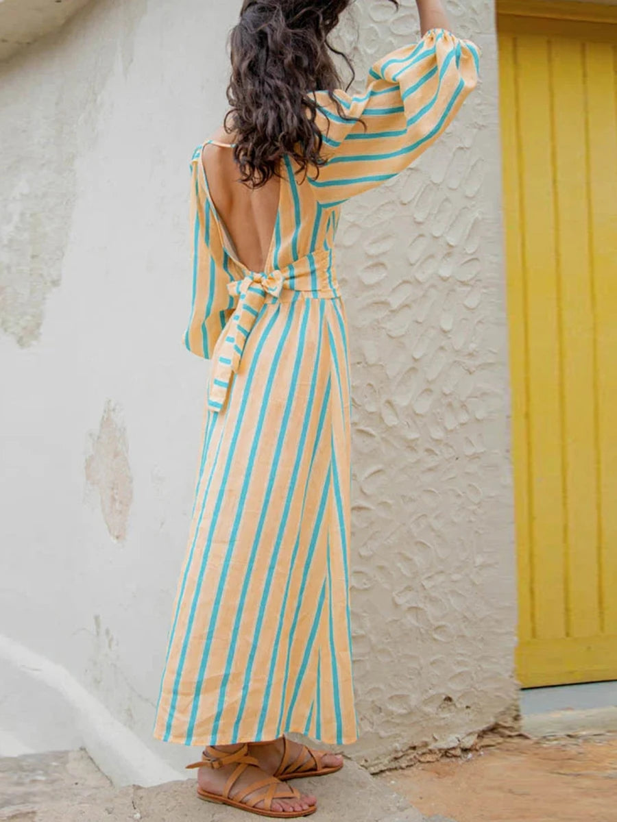 LIZAKOSHT  -  Women Fashion Midi Dress Vintage Striped Print Contrasting Lantern Sleeve Backless Tie-up Waist A-Line Dress Casual Streetwear
