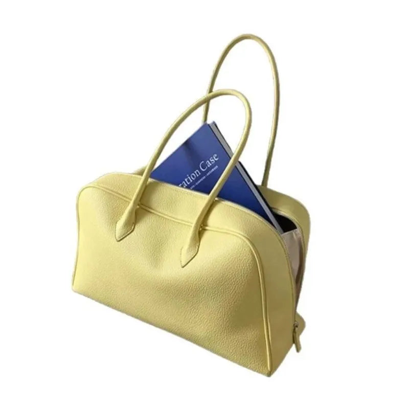 LIZAKOSHT  -  Korean Cute Lychee Pattern Yellow Handbag Women Leather Minimalist Large Capacity Shoulder Bags Ladies Fashion Casual Boston Bag