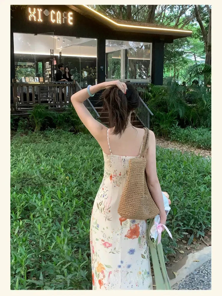 LIZAKOSHT  -  Women Boho Strap Dress Summer Sexy Backless Sleeveless Long Dress French Vintage Elegant Printed Evening Party Long Dresses