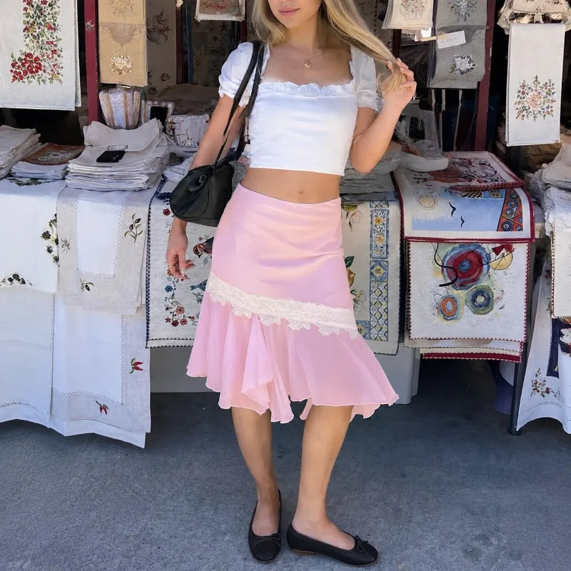 LIZAKOSHT  -  Vintage Sweet Women Summer Lrregular Design Skirt Y2k Aesthetic Spliced Lace Pleated Jupe Casual Vacation Style Streetwear Skirt