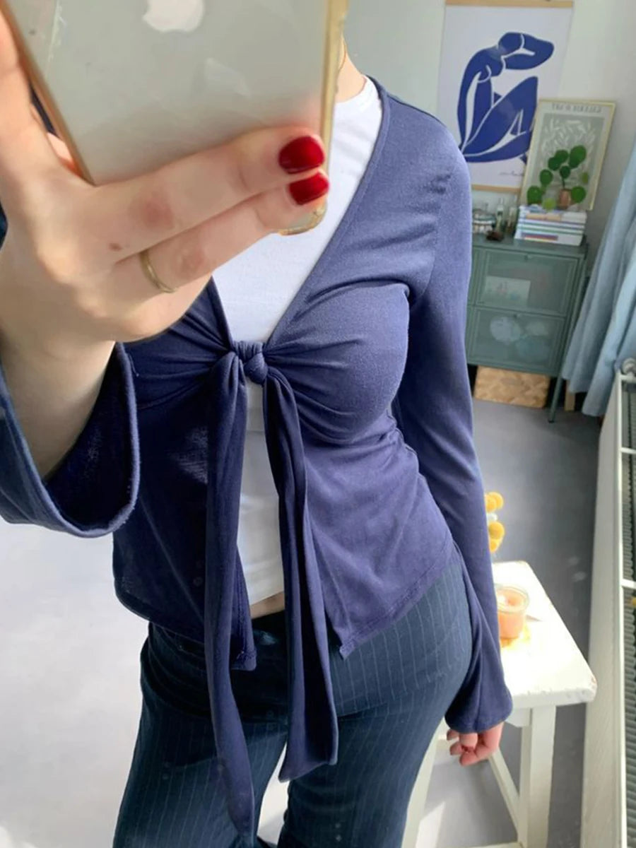 LIZAKOSHT  -  Knot Long Sleeve T-shirt Autumn Sexy V-neck Slim Tee Shirts Female Casual Simple Solid All-match Woman's Tshirts New Chic Tops