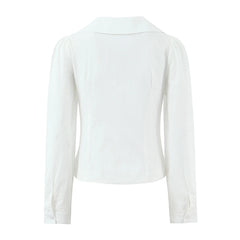 LIZAKOSHT  -  Sweet Spring White Peter Pan Collar Long Puff Sleeve Shirt Women Single-breasted Buttons Slim Waist Short Blouse Tops CHIC