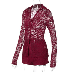 LIZAKOSHT  -  Autumn Women See Through Lace 2 Piece Set Turn Down Collar Long Sleeve Single Breasted Shirt Cardigan Top + Shorts Suit