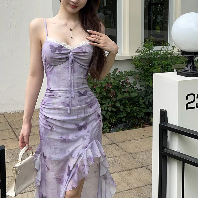 LIZAKOSHT  -  Printed Camisole Dress for Women Resort-style Butterfly Print Dress with Ruffled Hem