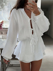 LIZAKOSHT  -  Spring Summer 2025 White Dress Women V-neck Lace-up High Waist Mini Dress Lantern Sleeve Solid Casual Female 53933