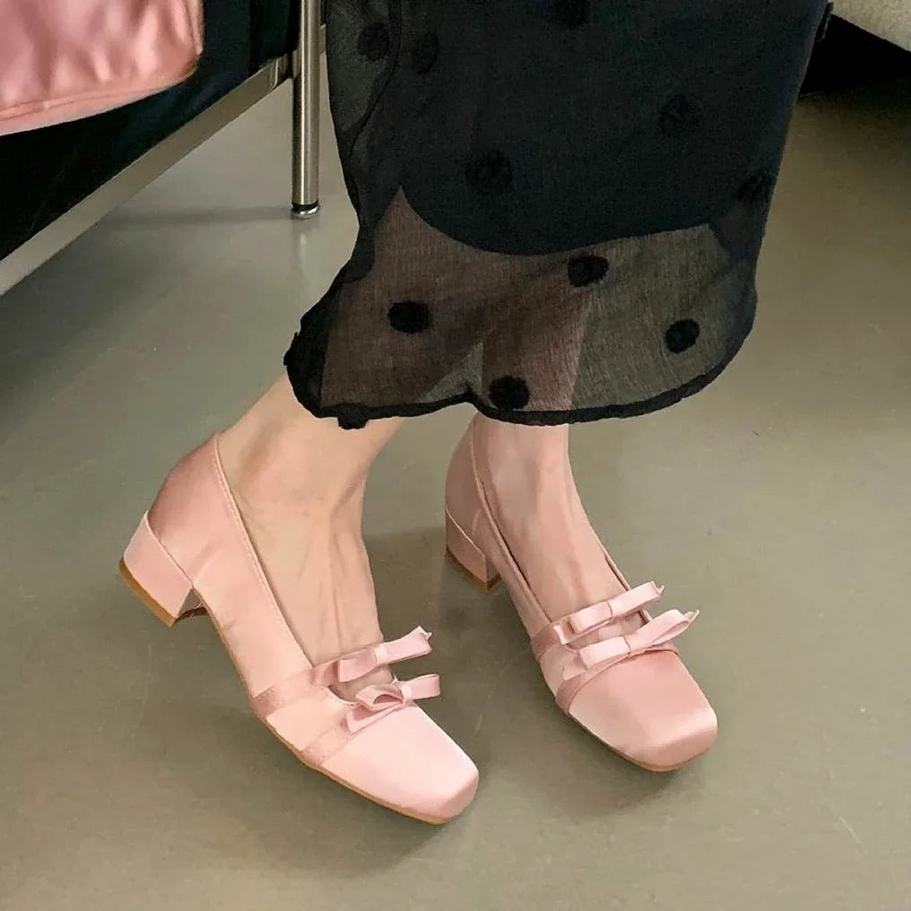 LIZAKOSHT  -  Satin Bow Fashion Mary Jane Shoes Women Sweet Shallow Chunky Dress Shoes Female Comfort Elegant Low Heel Square Toe Pumps Women