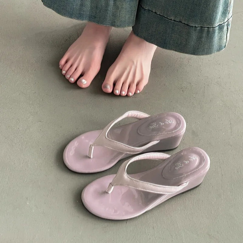 LIZAKOSHT  -  Designer Summer Women Wedges Heel Slippers Concise Street Style Dress Slide Ladies Non Slip Beach Vacation Clip Toe Sandalias