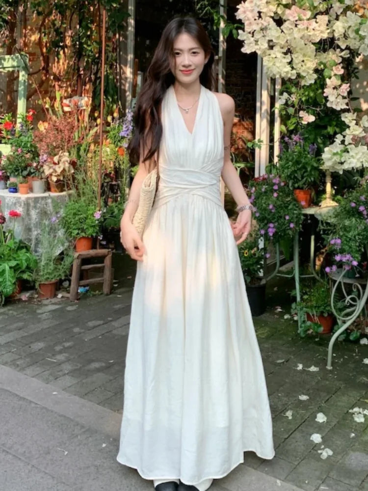 LIZAKOSHT  -  Summer Apricot V Neck Elegant Backless Sexy Club Pleated Vest Long Dress Women High Waist Vacation Slim Evening Party Dress Robe