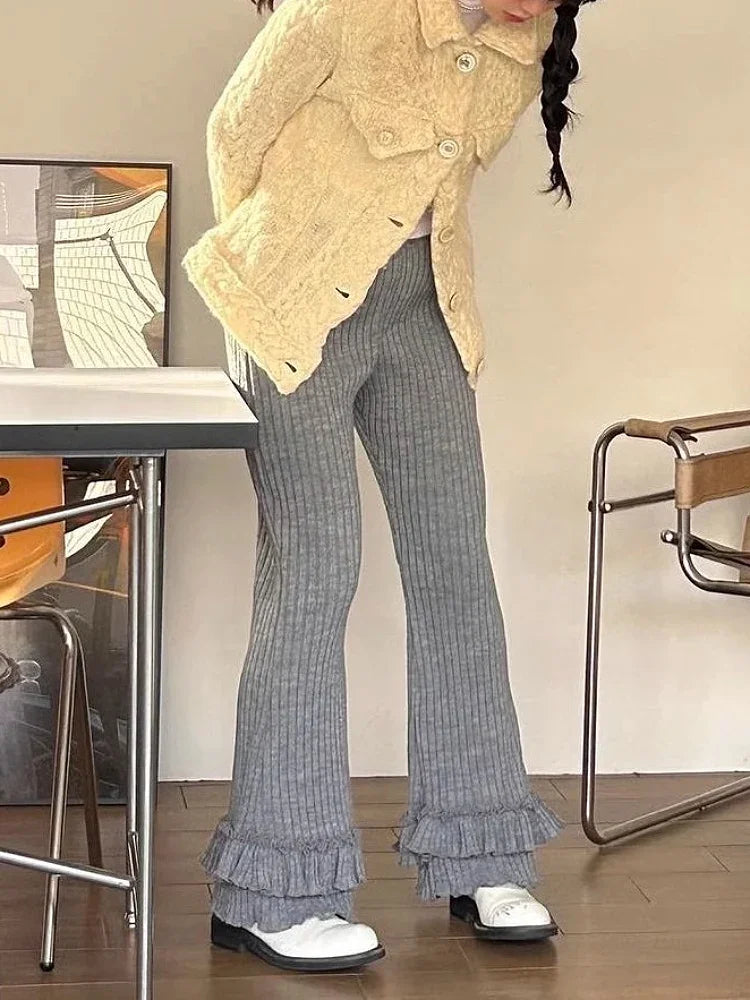 LIZAKOSHT  -  Y2K Women Gray Ribbed Knit Flare Pants High Waist Elastic Ruffle Hem Slim Fit Casual Trousers Daily Streetwear emo bell-bottoms